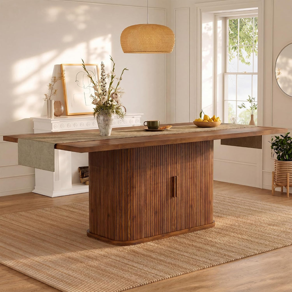 knoworld 78.7" Rectangular Dining Table for 6-10, Farmhouse Kitchen Furniture with Storage Base, Sliding Tambour Doors, Walnut