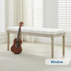 44‘’ Entryway Bench, Upholstered Button End of Bed Bench, Vintage Bench with Carving Pattern Wood Legs, Vanity Foot-Stool, White