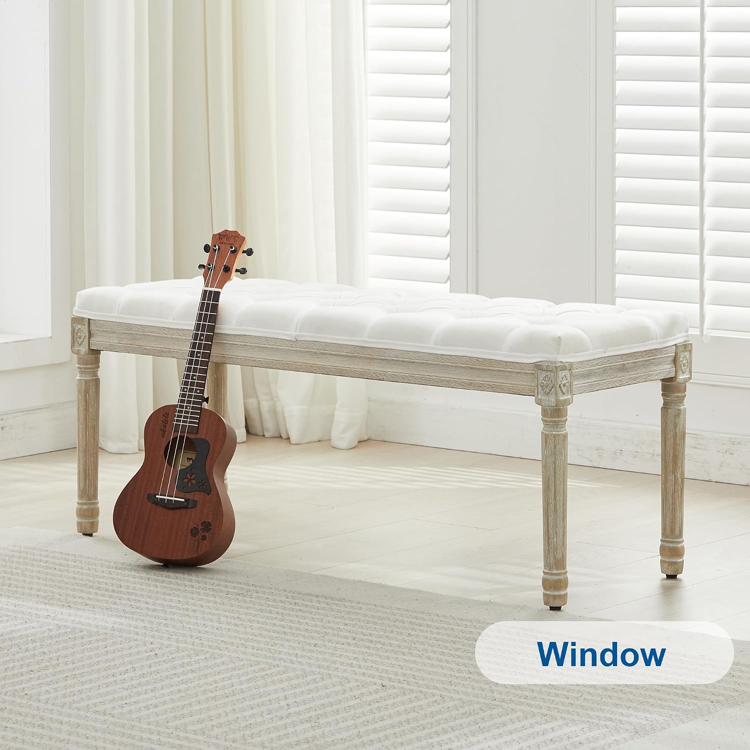 44‘’ Entryway Bench, Upholstered Button End of Bed Bench, Vintage Bench with Carving Pattern Wood Legs, Vanity Foot-Stool, White