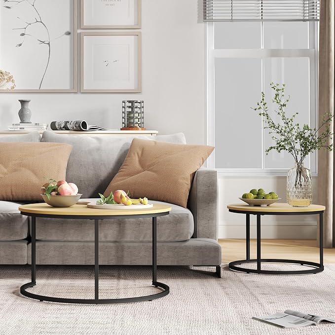 Nesting Tables Set of 2, 31.5" Round Coffee Table, Small Nesting Coffee Table with Adjustable Non-Slip Fee, Wood Grain Top Nesting Tables for Living Room, Bedroom (Wood Grain Light Brown)