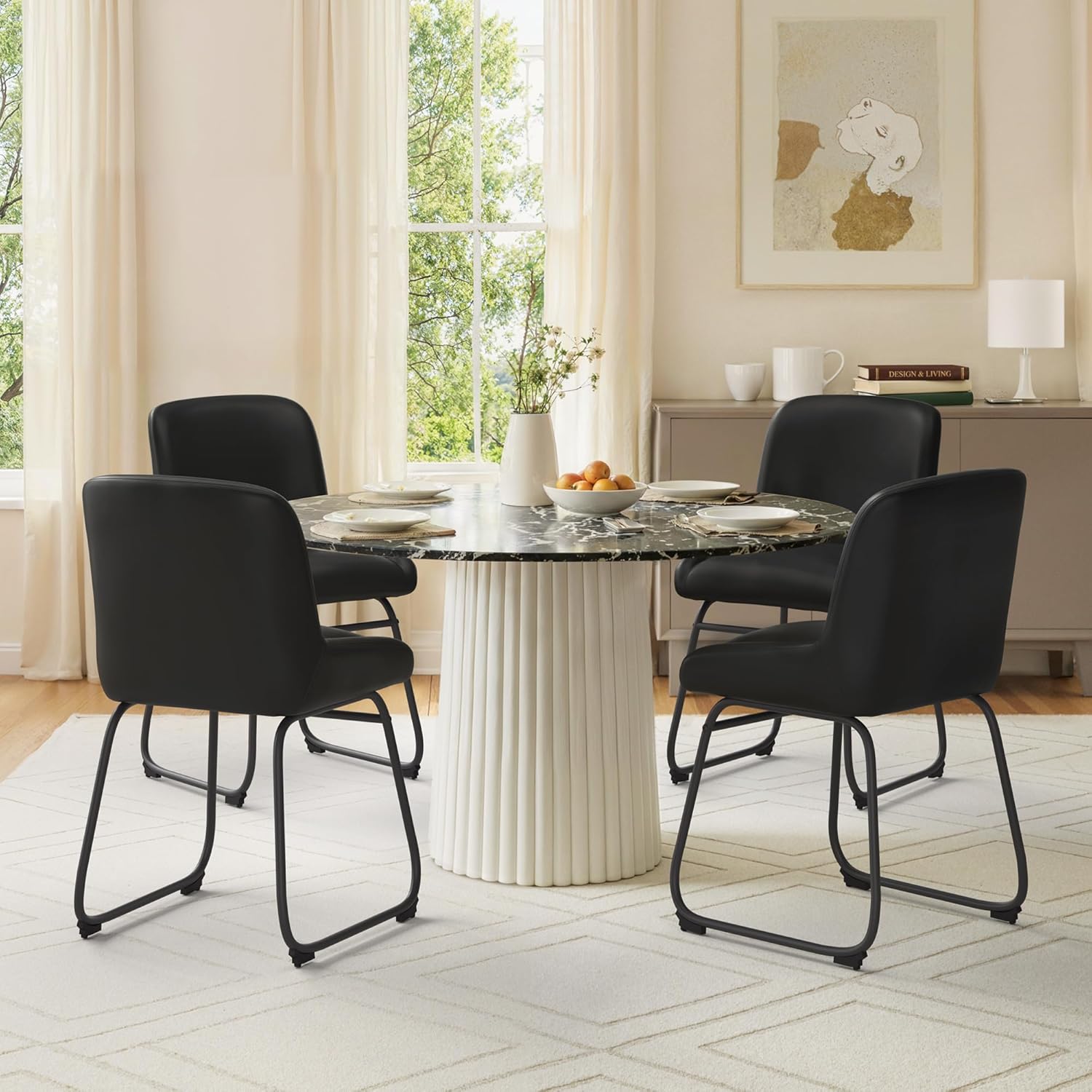 LUE BONA Comfortable Dining Room Chairs Set of 4, Modern Upholstered Kitchen Chairs with Padded Back & Thick Metal Legs for Dining Room, Black PU Leather