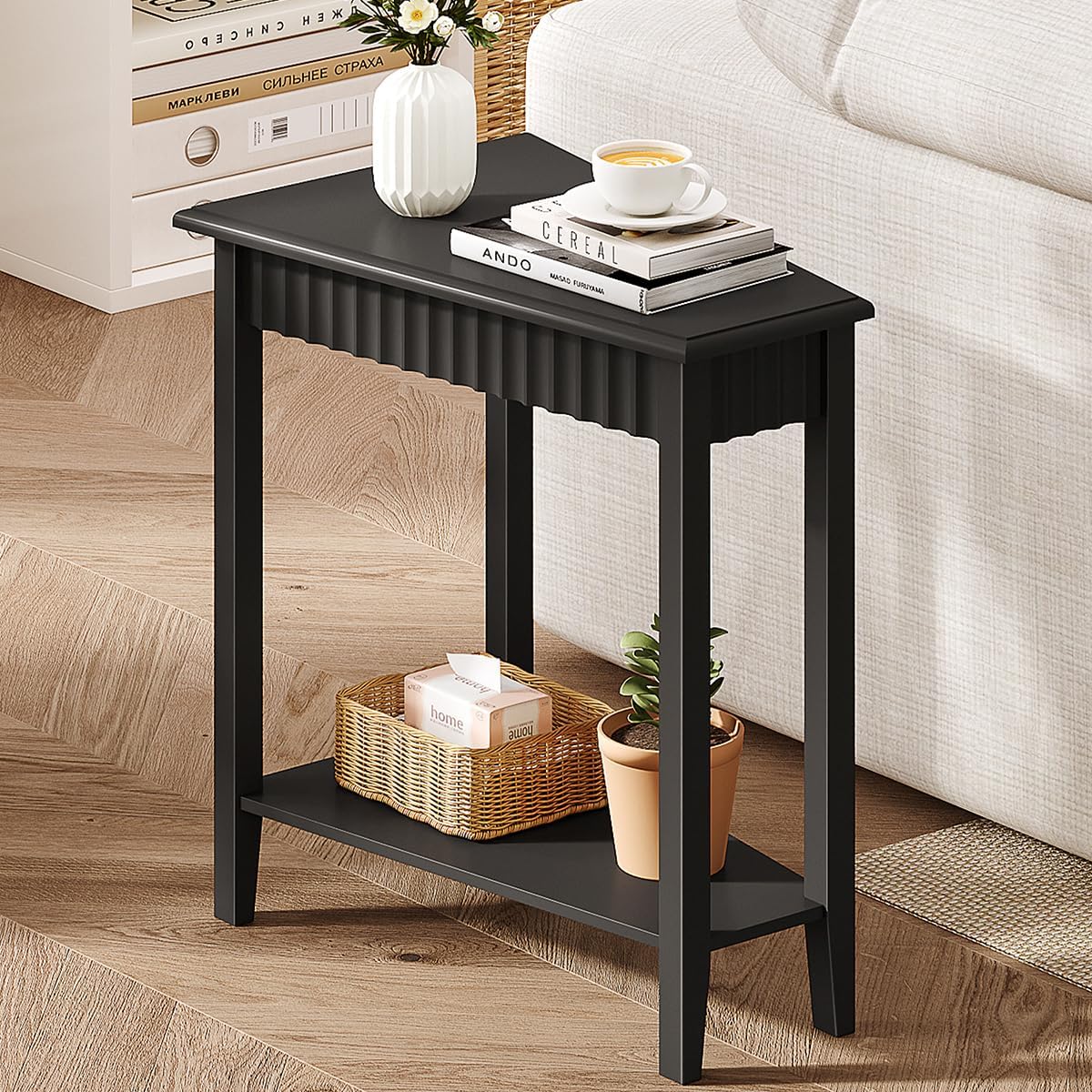 ChooChoo Fluted Recliner Side Tables Set of 2 with 2-Tier Storage Shelf | Wedge End Table for Small Space, Narrow Triangle Side Table for Corner, Living Room, Bedroom, Black
