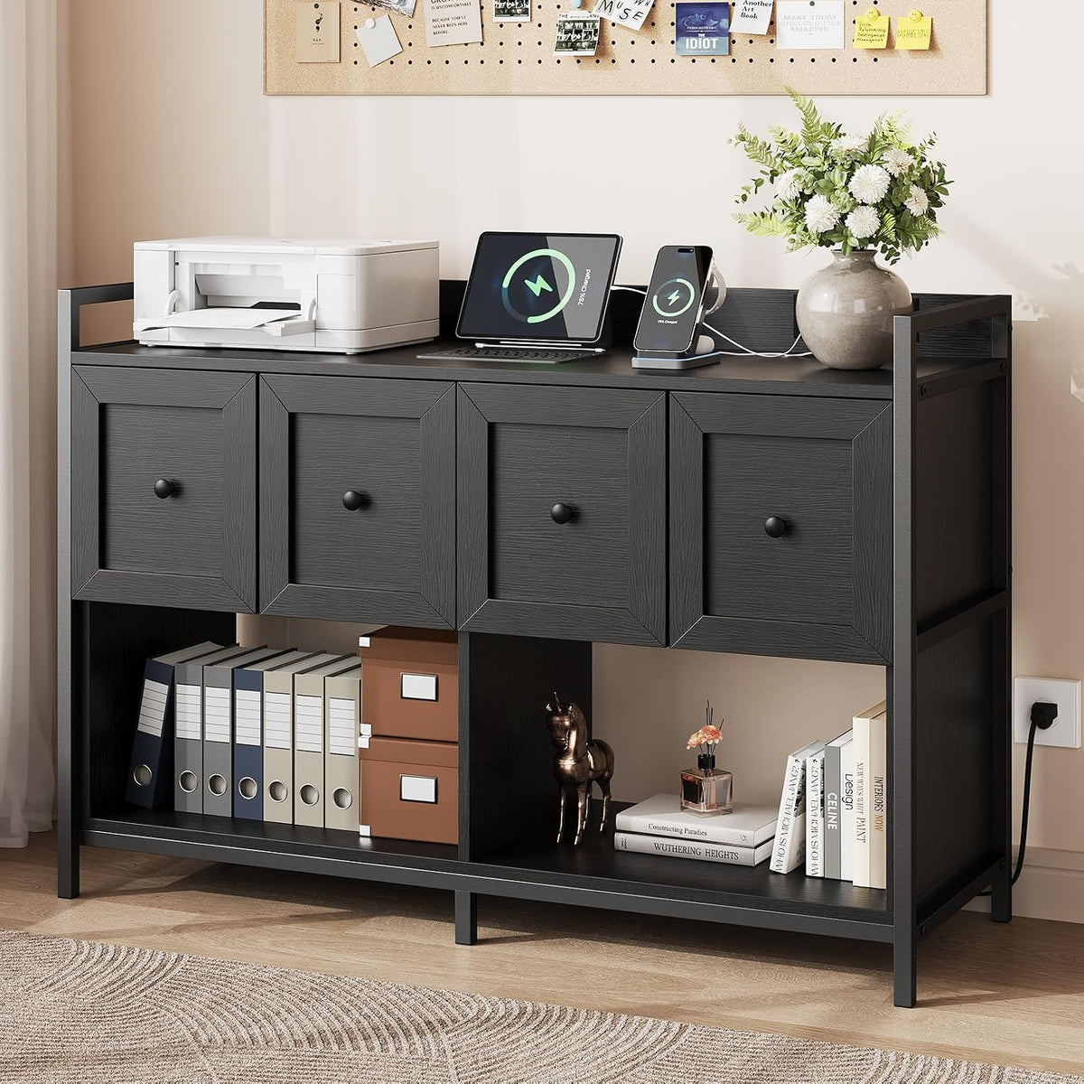 Filing Cabinet for Home Office, 43" Wood File Cabinet with Power Outlet, 2 Drawers, 2 Open Storage Shelves, Black Lateral File Storage Fits Legal/Letter/A4 Size, Printer Stand with Bookshelf Organizer
