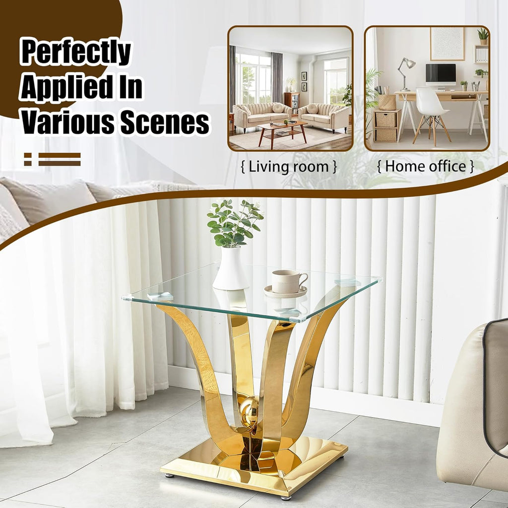 New Gold Glass Side Table, Luxury End Table with Mirror Finish Stainless Steel Base and Tempered Glass Top, Square Side Table for Living Room, Bedroom,Office