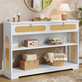 Hoctieon Rattan Console Table with 2 Drawers, 3-Tier Boho Woven Entryway Table with Back Panel and Open Storage Shelf, 40" Wood Narrow Long Sofa Tables for Hallway, Foyer, Living Room, White