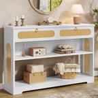 Hoctieon Rattan Console Table with 2 Drawers, 3-Tier Boho Woven Entryway Table with Back Panel and Open Storage Shelf, 40" Wood Narrow Long Sofa Tables for Hallway, Foyer, Living Room, White