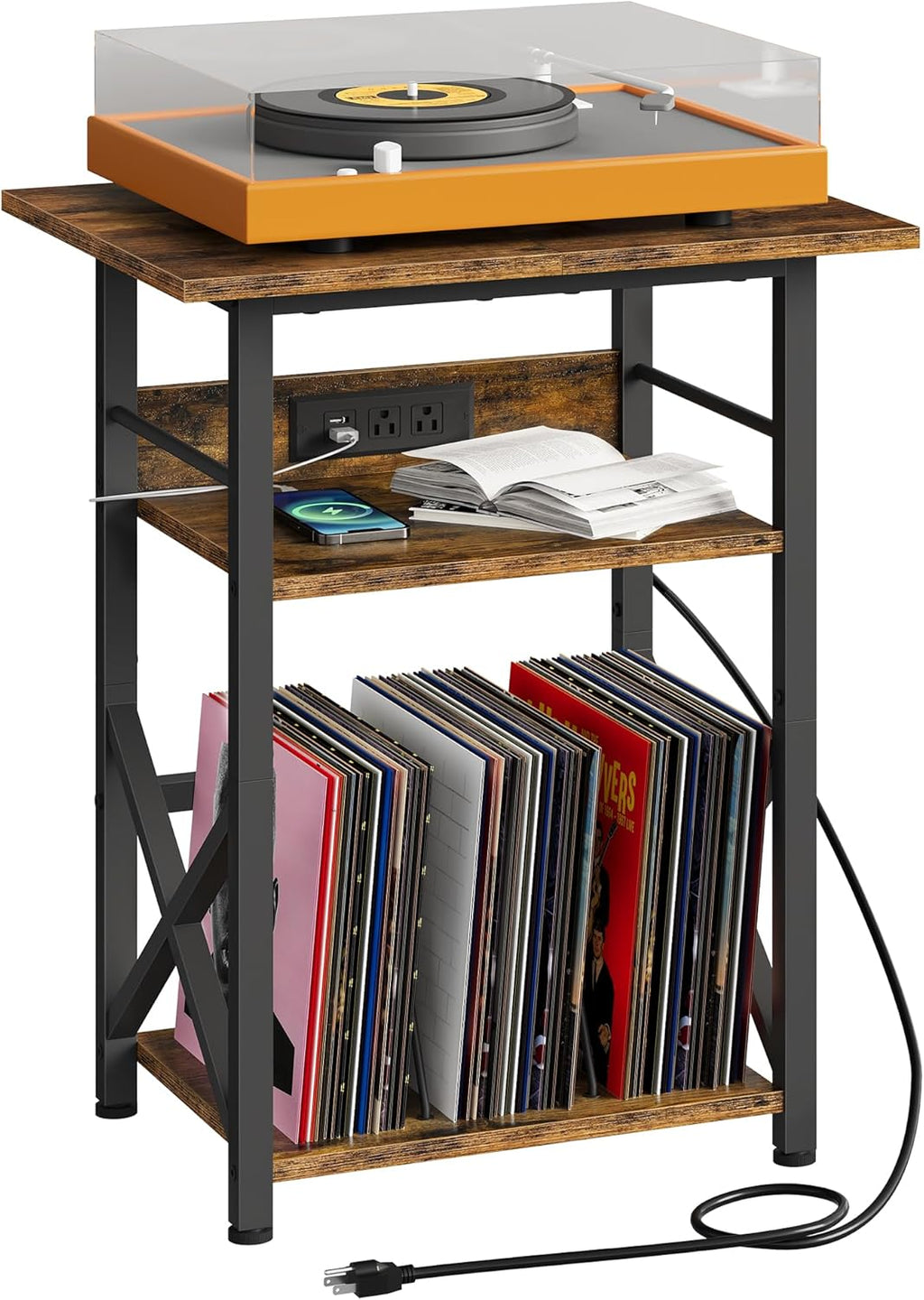 CHOEZON Record Player Stand with Power Outlet, Vinyl Record Storage Side Table, 19" Large Tabletop, Charging Station & Crossed Frame Design for Turntable, Rustic Brown and Black TBZ48UBF