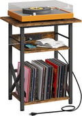 CHOEZON Record Player Stand with Power Outlet, Vinyl Record Storage Side Table, 19" Large Tabletop, Charging Station & Crossed Frame Design for Turntable, Rustic Brown and Black TBZ48UBF