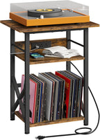 CHOEZON Record Player Stand with Power Outlet, Vinyl Record Storage Side Table, 19" Large Tabletop, Charging Station & Crossed Frame Design for Turntable, Rustic Brown and Black TBZ48UBF