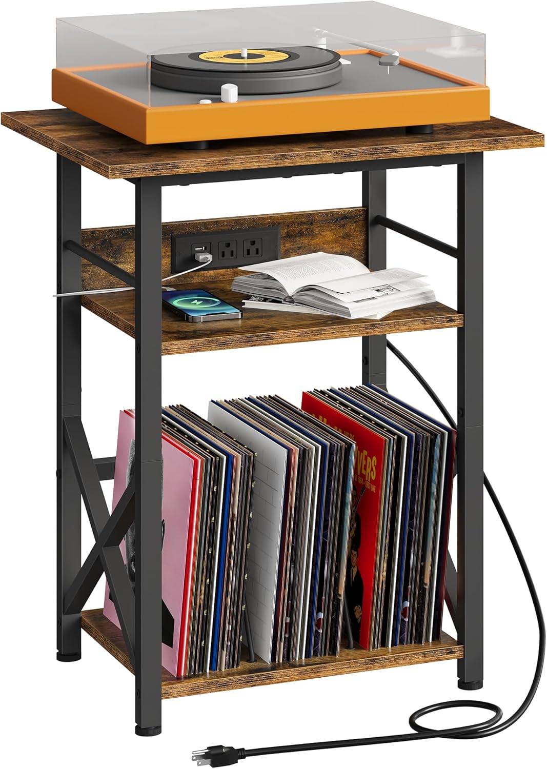 CHOEZON Record Player Stand with Power Outlet, Vinyl Record Storage Side Table, 19" Large Tabletop, Charging Station & Crossed Frame Design for Turntable, Rustic Brown and Black TBZ48UBF