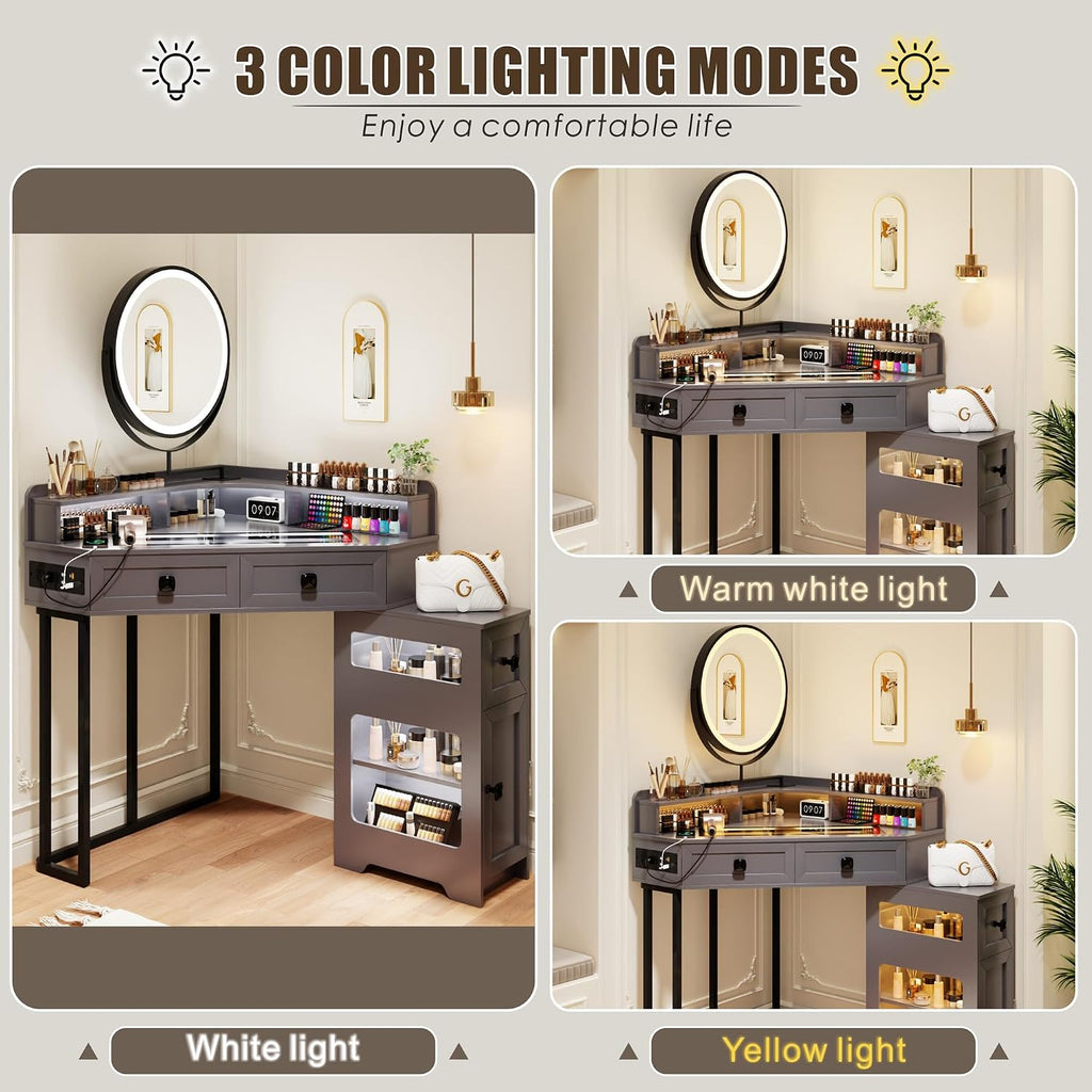 FREDEES Glass Top Makeup Vanity with Mirror and Lights | Corner Makeup Desk with Drawers and Shelves, Vanity Table with Charging Station and Stool for Bedroom/Cloakroom