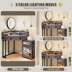 FREDEES Glass Top Makeup Vanity with Mirror and Lights | Corner Makeup Desk with Drawers and Shelves, Vanity Table with Charging Station and Stool for Bedroom/Cloakroom