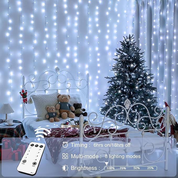 JMEXSUSS 900LED Christmas Curtain Lights, 9.5x29.5ft White Indoor/Outdoor Plug-in with Remote, Window Hanging String Lights for Bedroom, Wedding, Xmas Decoration