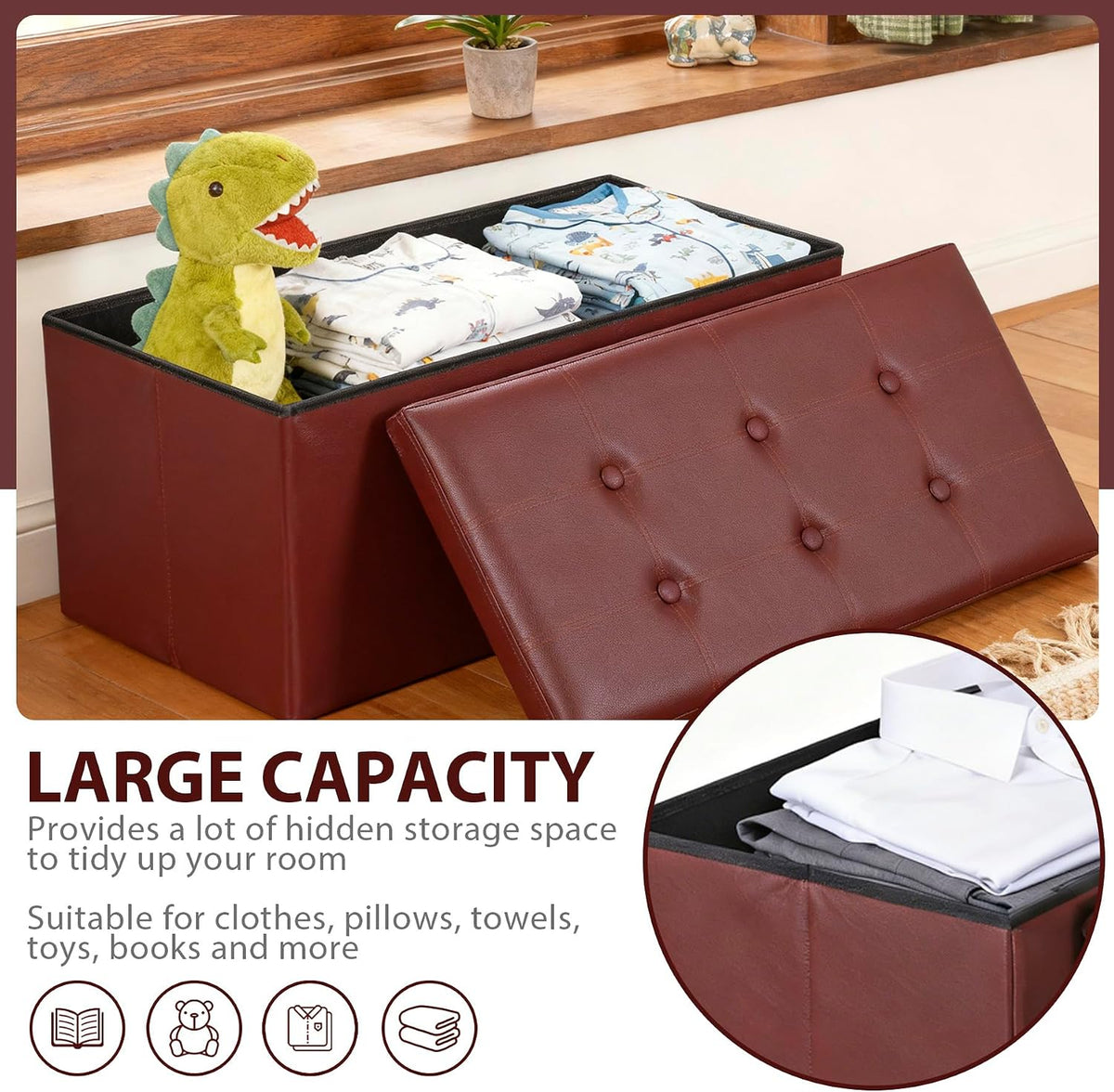 LEMY 30 Inches Folding Ottoman Storage Bench, Foot Rest Stool with Wooden Divider&Large Storage Space, Leather Footstool Bench, Padded Seat for Bedroom, Living Room (Brown, 15" D x 30" W x 15" H)
