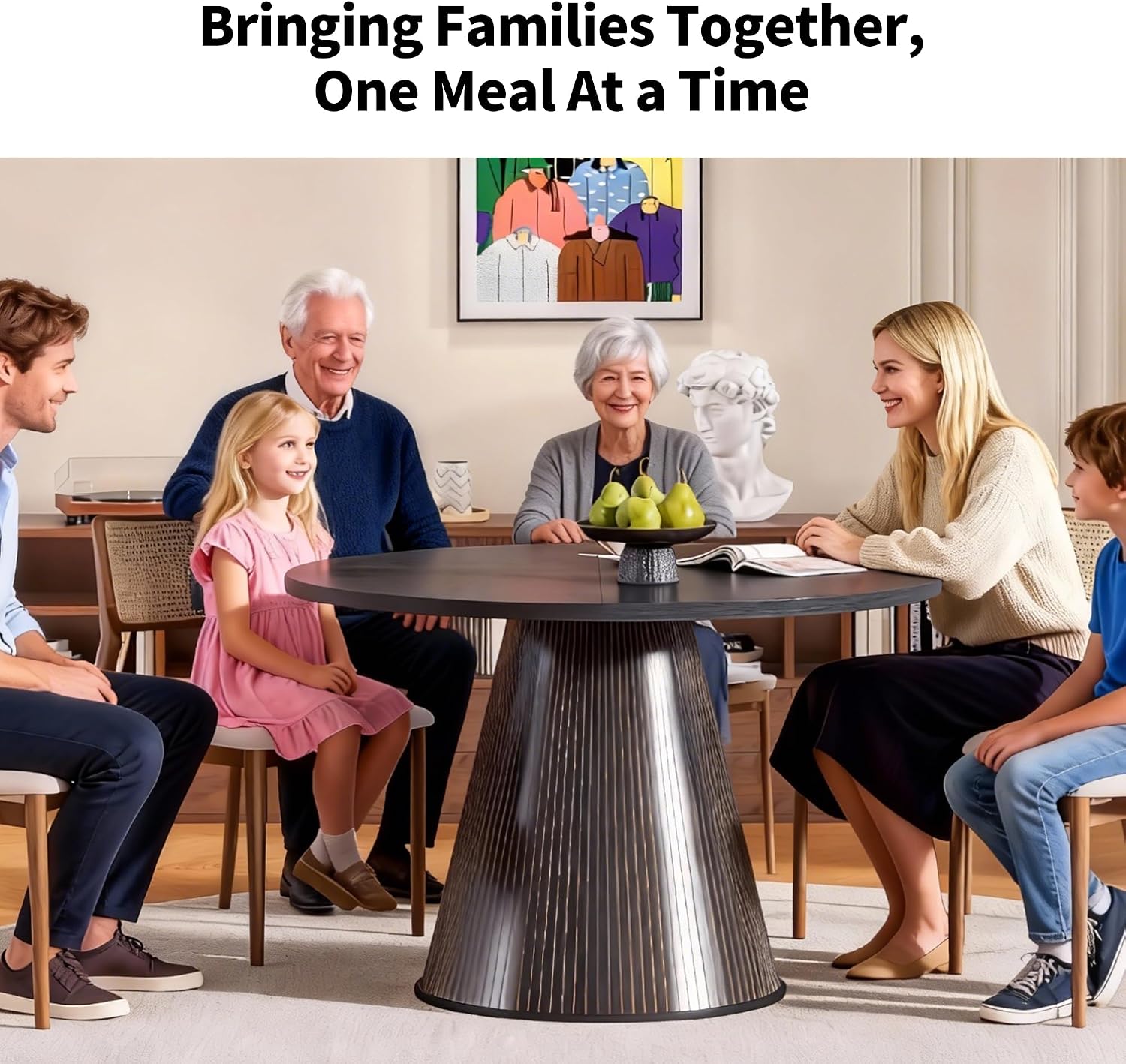 47 inch Round Dining Table for 4-6, Circle Kitchen Table with Sturdy Tapered Base, Mid Century Modern Fluted Dining Tables for Dining Room, Kitchen, Living Room (Black, 47inch)