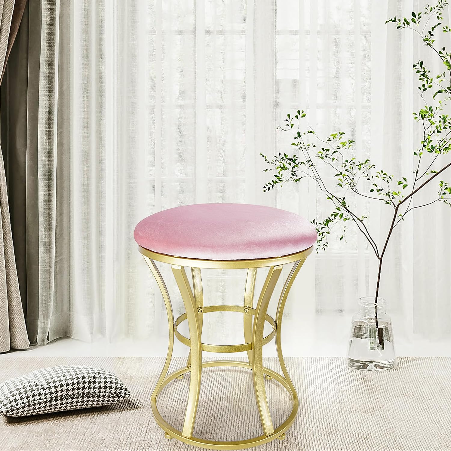 Vanity Chair, Small Velvet Vanity Stool & Ottoman Bench for Bathroom, Dorm | Foot rest Stools Pink Round Seat with Golden Metal Legs for Makeup Room, Entryway, Offices, Living Room, Dressing Table