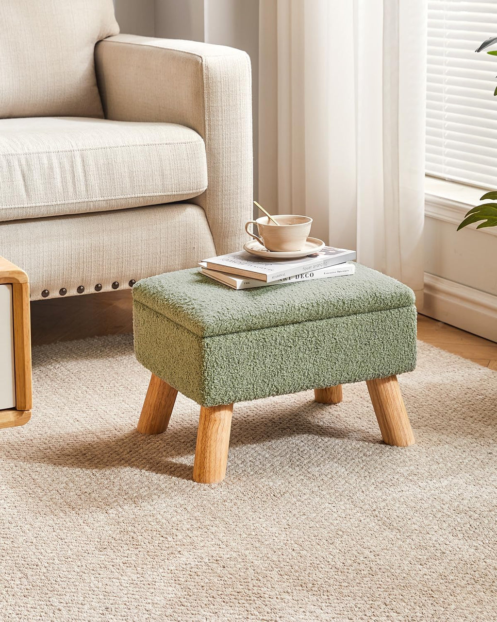 YMYNY Storage Ottoman,Small Foot Stool, 15.75"×11.81"×11.02" Green,HBD042GR | Teddy Velvet,Sturdy Wood Legs,Footstool with Padded Seat, For Living Room Bedroom Couch Entryway