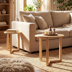 Giantex Round Nesting Coffee Table Set of 2, Wood Nesting End Tables with Thickened Top & Solid Rubber Wood Legs, Farmhouse Sofa Side Table for Small Spaces Living Room Bedroom (Natural)
