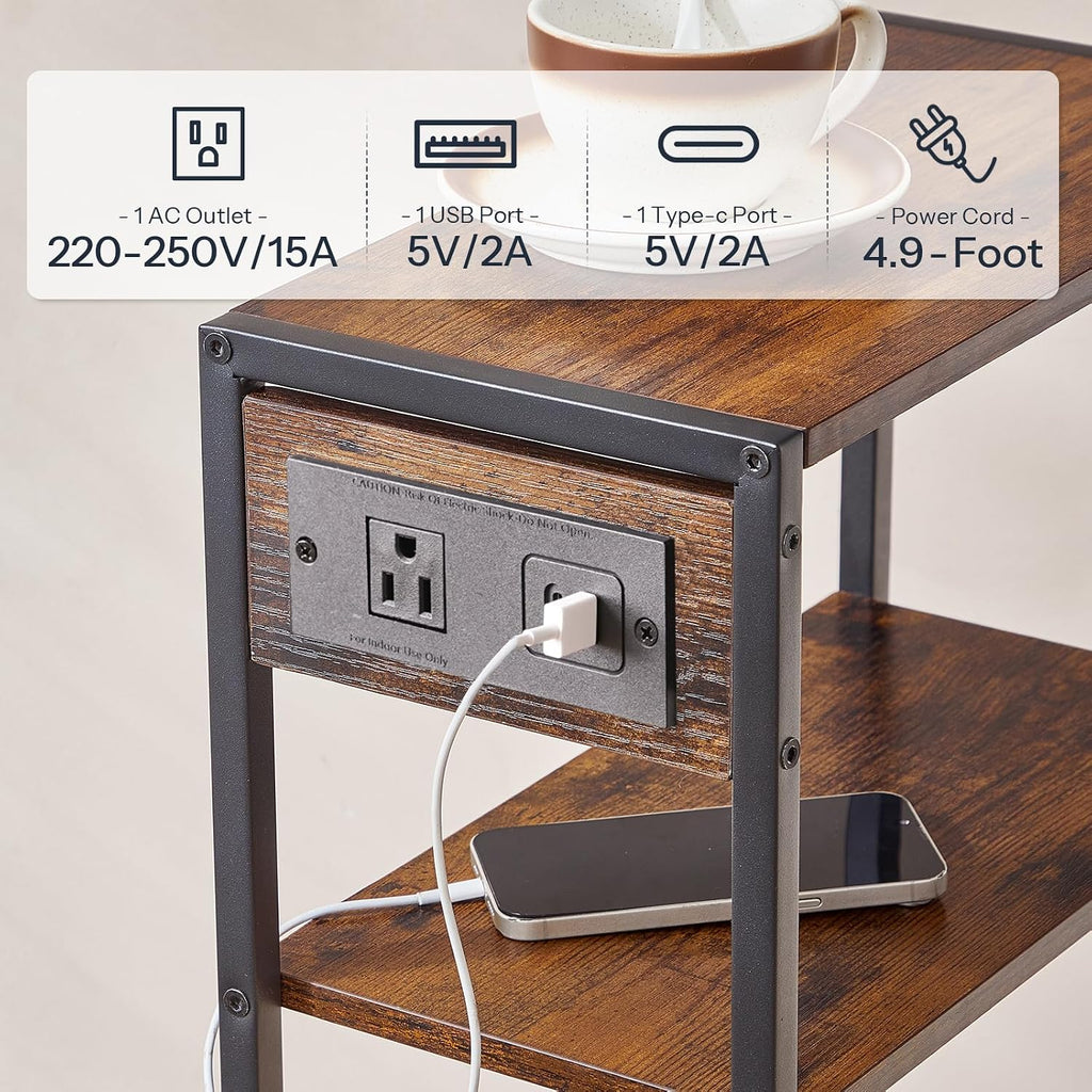 HOOBRO 15.7" Narrow Console Table with Charging Station, 3 Tier Entryway Table for Small Space, Behind Couch Table, Sofa Table, for Entryway, Hallway, Living Room, Rustic Brown and Black BF42UXG01