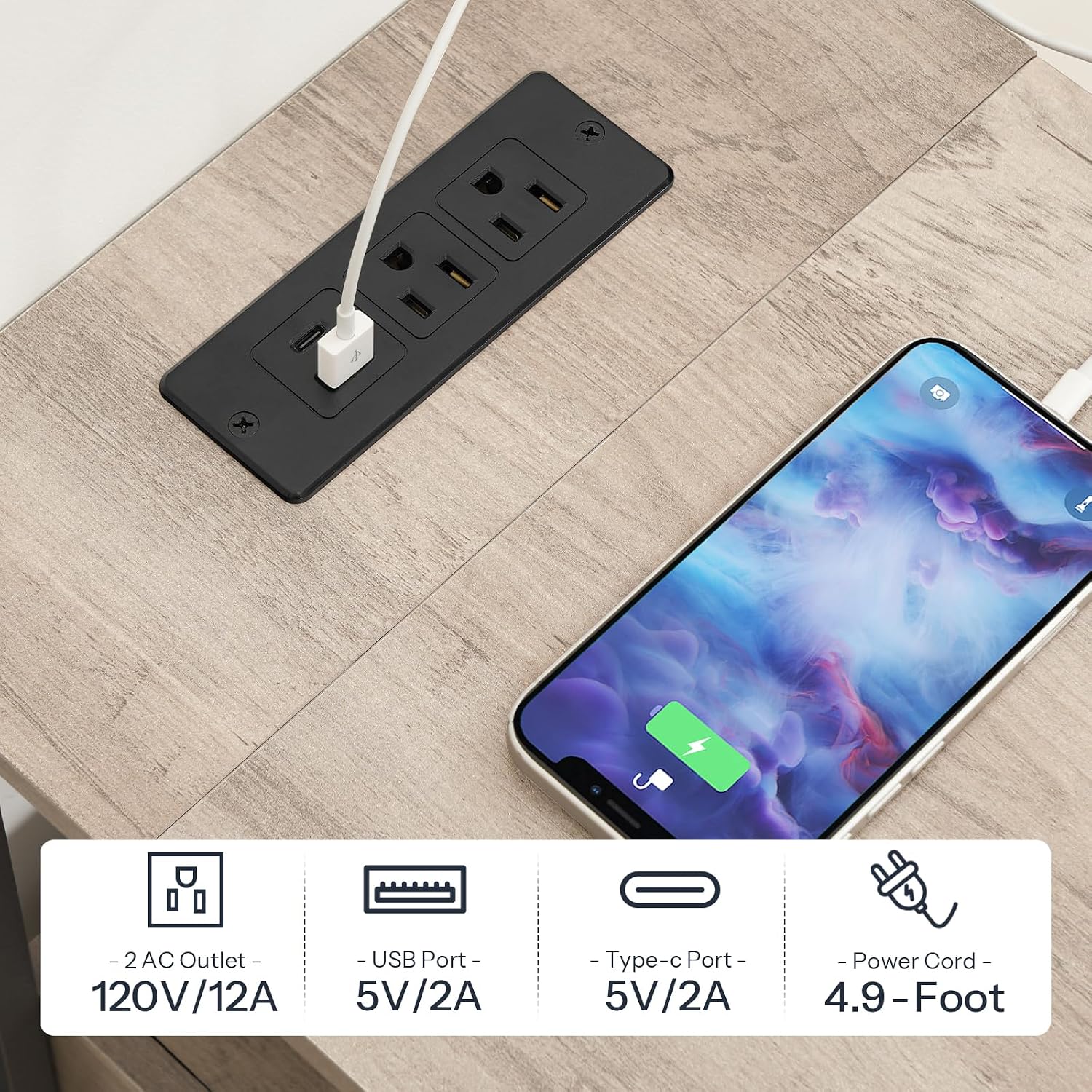 HOOBRO End Table with Charging Station & Led Light, Flip-Top Narrow Side Table with 2 Drawers, Nightstand for Small Spaces, Bedroom, Living Room, Stable and Sturdy, Greige and Black BG436UDBZ01