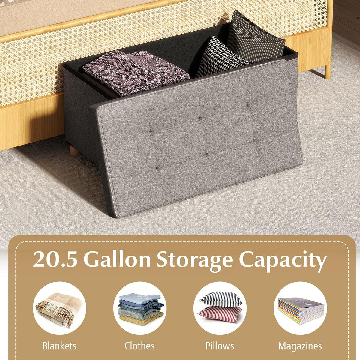 GOFLAME 30 Inches Storage Ottoman Bench, Linen Fabric Footstool with Flip Top Tray, Padded Foot Rest Stool, Rectangular Eed of Bed Bench, Storage Chest for Living Room, Entryway, Bedroom
