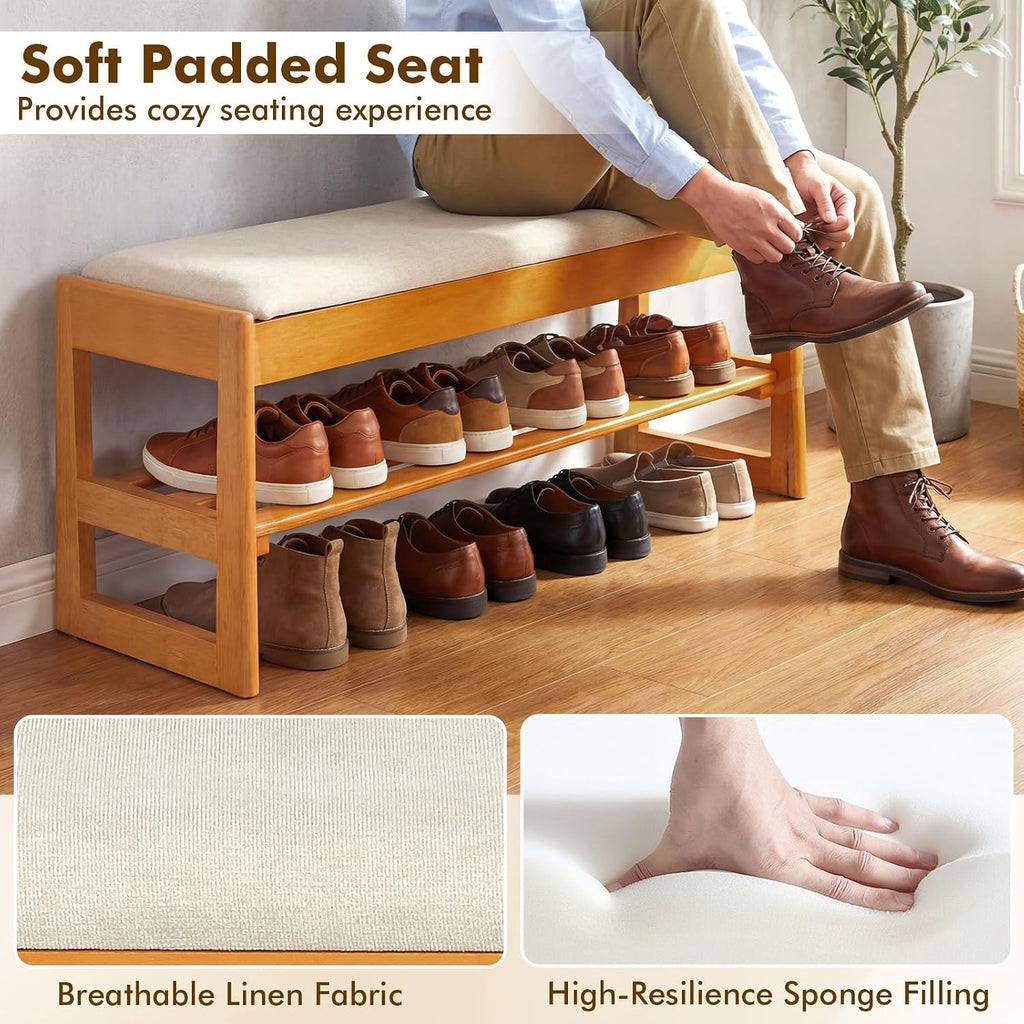 Giantex Shoe Rack Bench with Storage, Rubberwood Entryway Bench with Linen Seat Cushion, Flip-Open Storage, 2-Tier Modern Shoe Rack Organizer for Entryway, Living Room, Bedroom (Beige)
