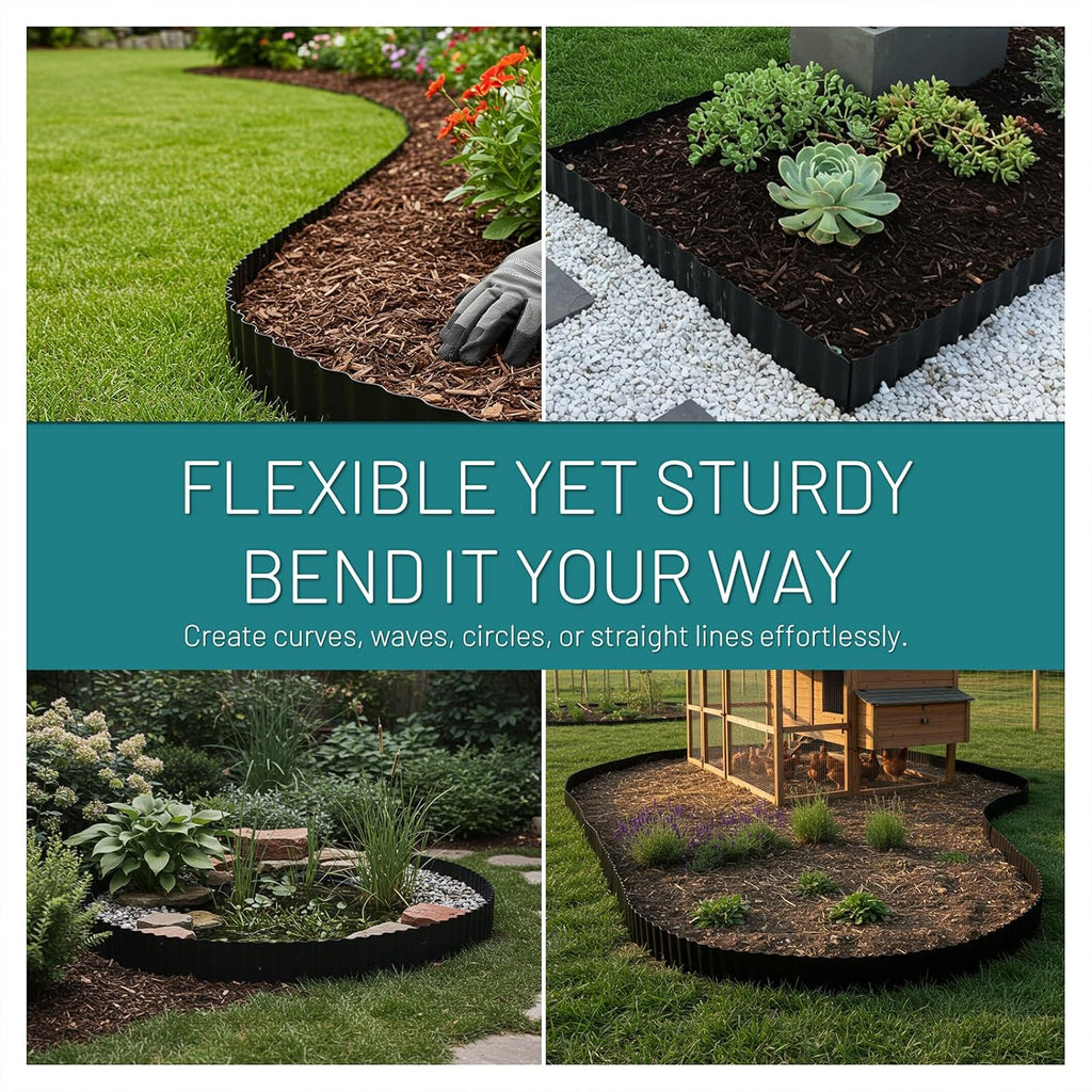 50FT Black Corrugated Metal Landscape Edging – Flexible & Rustproof Garden Edging Border, Decorative Metal Trim for Flower Beds, Lawn, Driveway, Walkway & Raised Beds