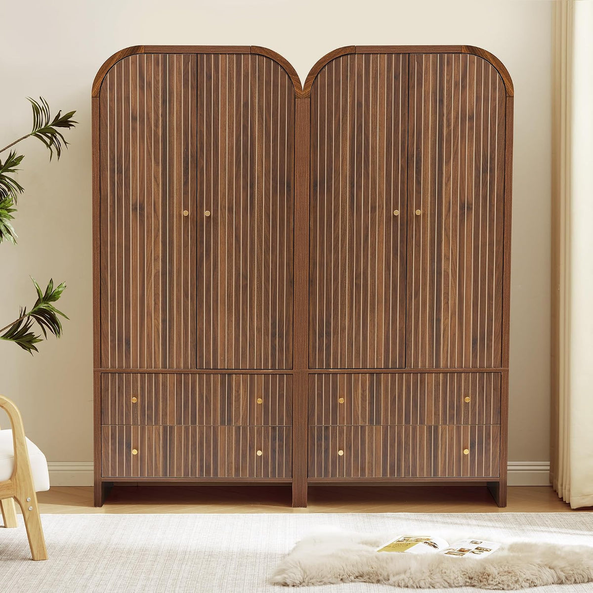 LEVNARY Arched Armoire Wardrobe Closet, Mid-Century Modern 2-Door Freestanding Wardrobe with Hanging Rod and 2 Drawers, Fluted Carved Clothing Storage Cabinet for Bedroom (Walnut)