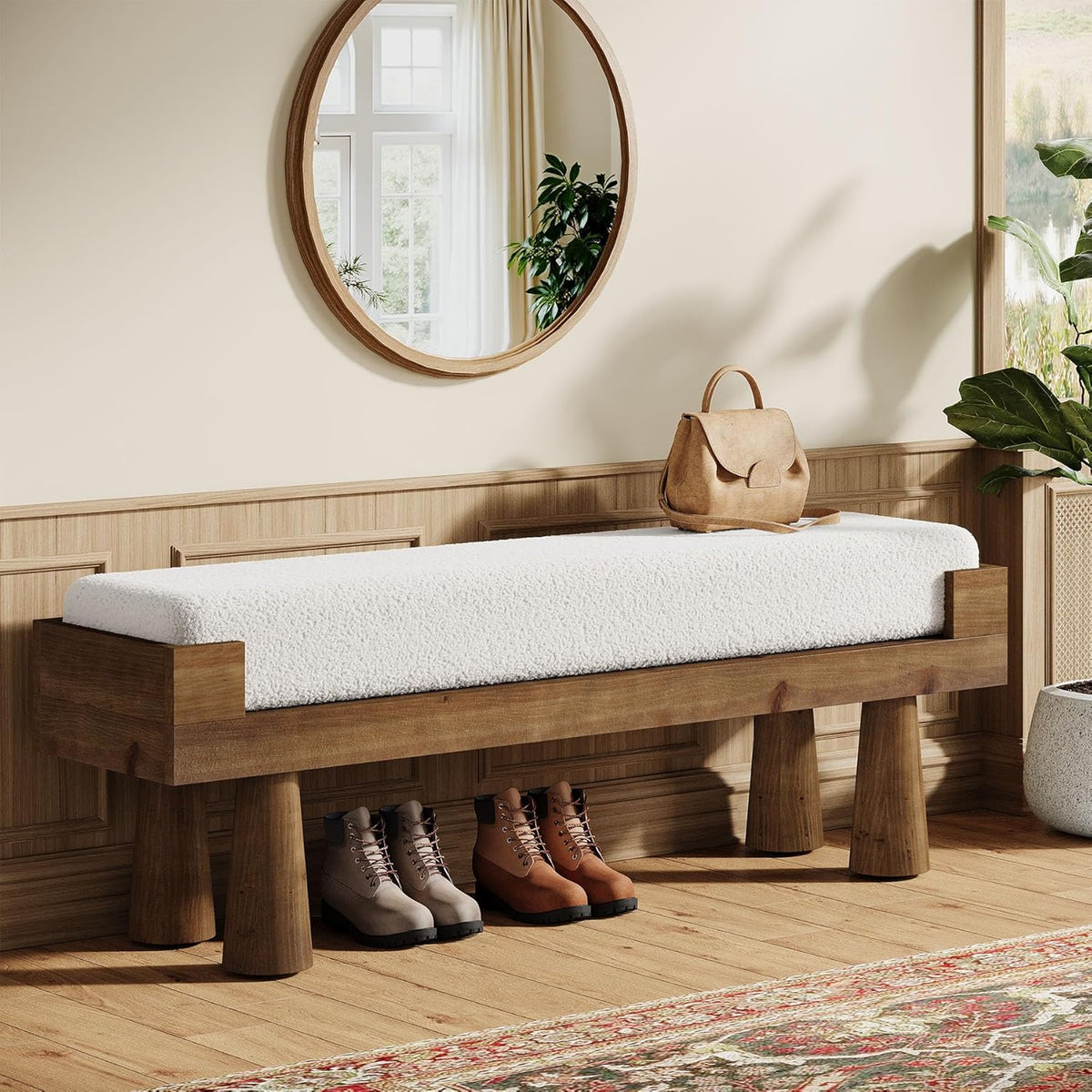 Tribesigns Upholstered Entryway Bench, Shoe Bench Padded Seat with Solid Wood Legs, Bedroom Benches End of Bed Footstool for Living Room, Mudroom, Hallway, Rubberwood Legs