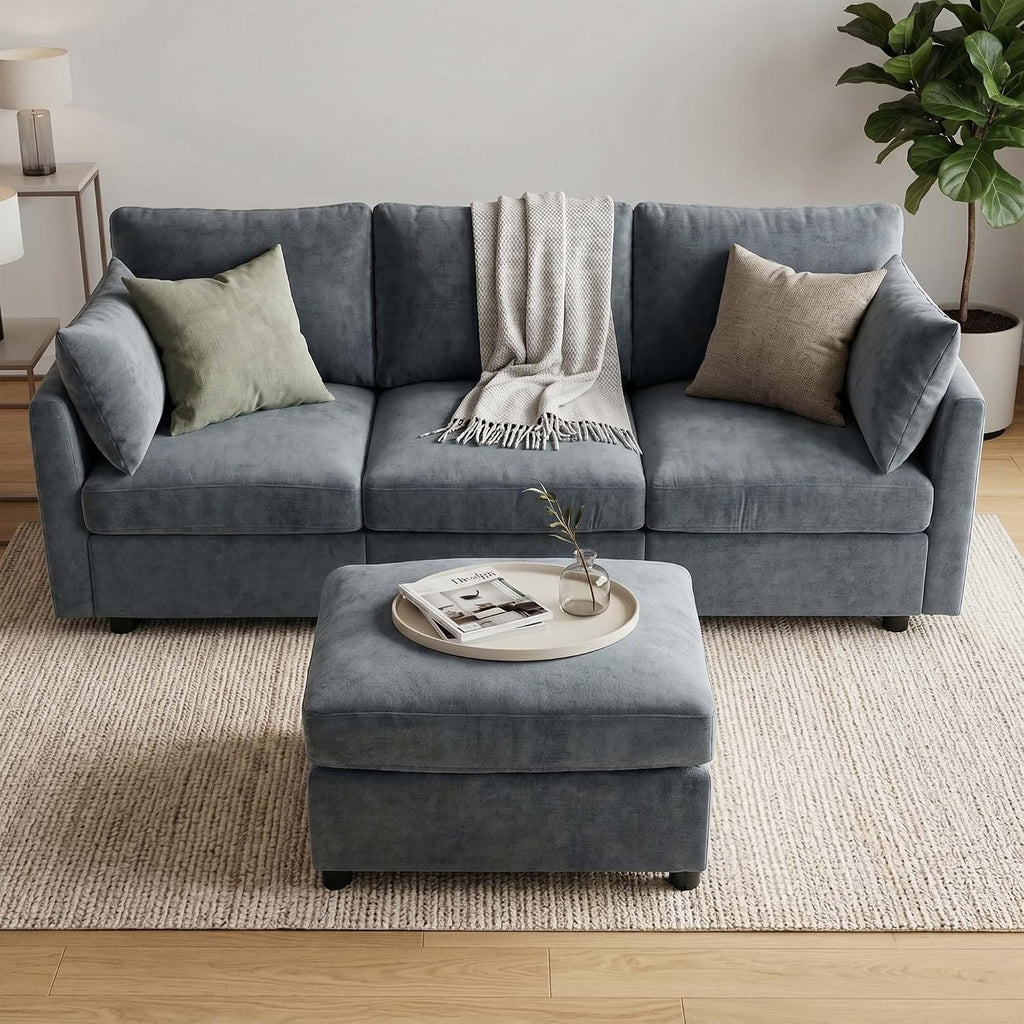 Iroomy Sectional Couch for Living Room, Comfy L Shaped Convertible Sofa, 4 Seater Modern Chenille Sofa with Ottoman, Grey