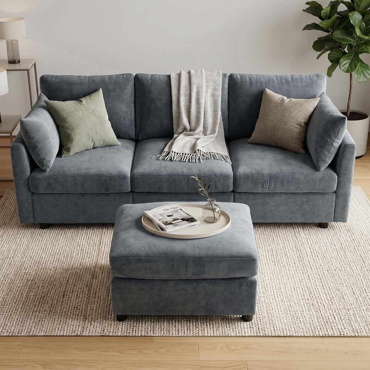 Iroomy Sectional Couch for Living Room, Comfy L Shaped Convertible Sofa, 4 Seater Modern Chenille Sofa with Ottoman, Grey