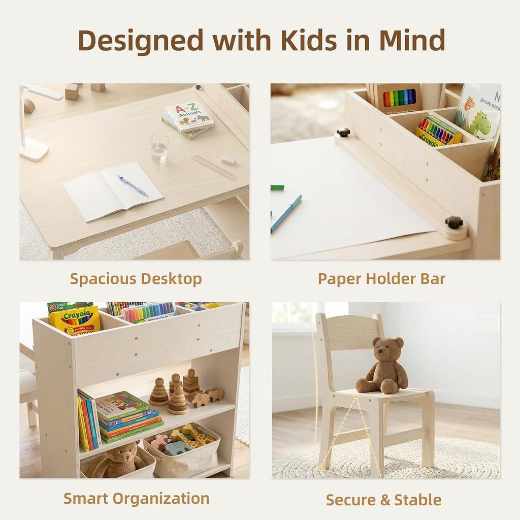 Kids Table and Chair Set, Wooden Toddler Activity Table with Storage Cabinet, Birch Art Desk for Drawing, Crafts, Reading and Games, 1 Chair Included