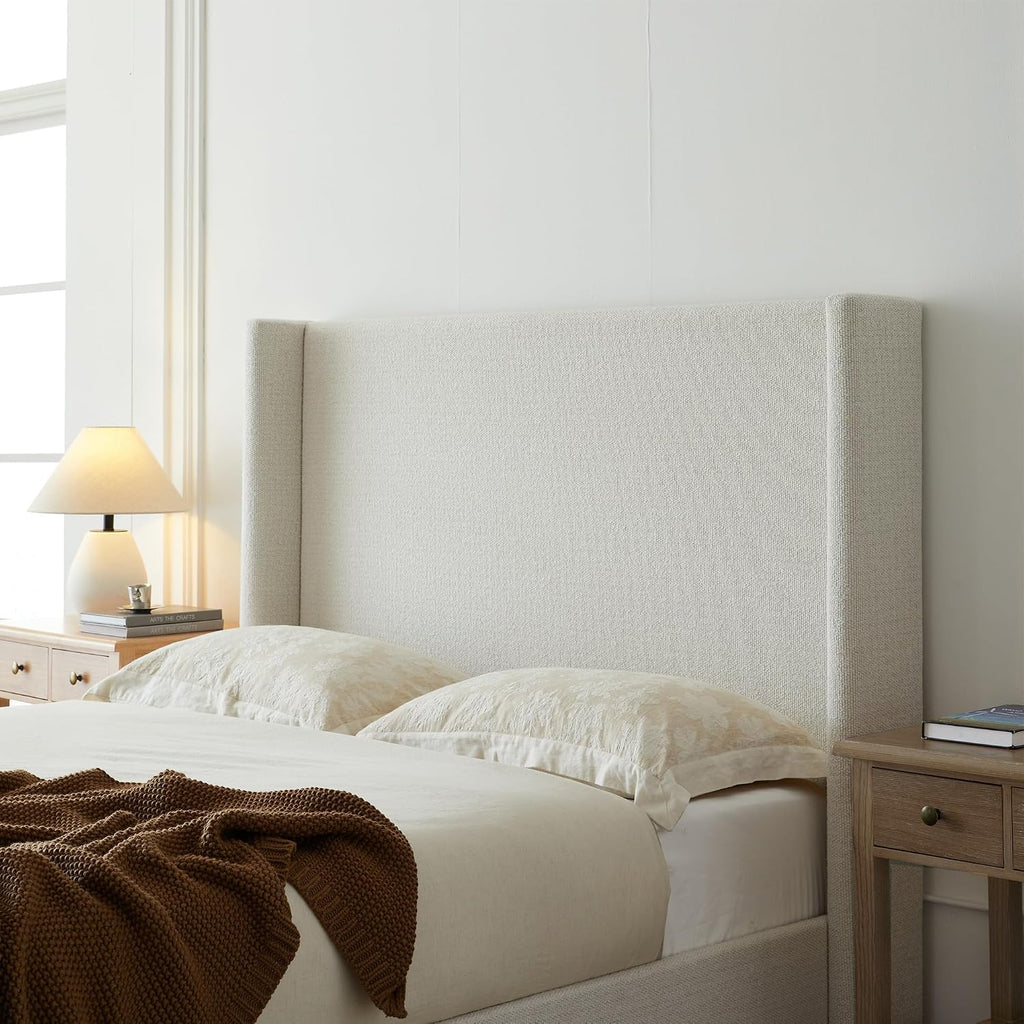 53" Majestic Wingback Bed Frame Queen - Premium Cream White Boucle Upholstered Platform Bed with Gray Oak Wood Base, 1000lbs Heavy Duty, No Box Spring Required（Queen U.S. Standard