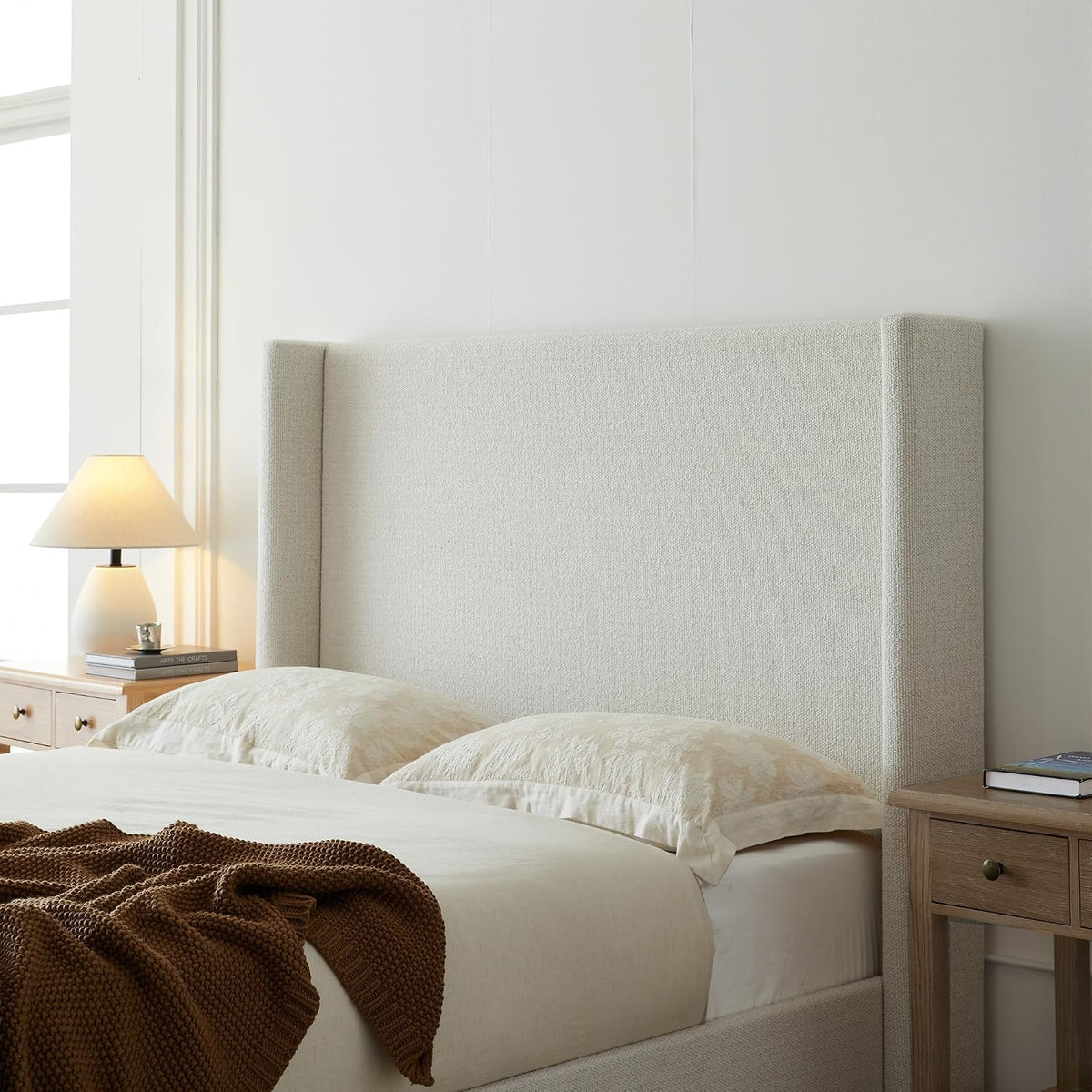53.1" Extra-Tall Wingback Bed Frame - Luxury Cream White Boucle Upholstered Platform Bed with Gray Oak Wood Base, Heavy Duty 1000lbs, No Box Spring Needed, Noise-Free (Queen)