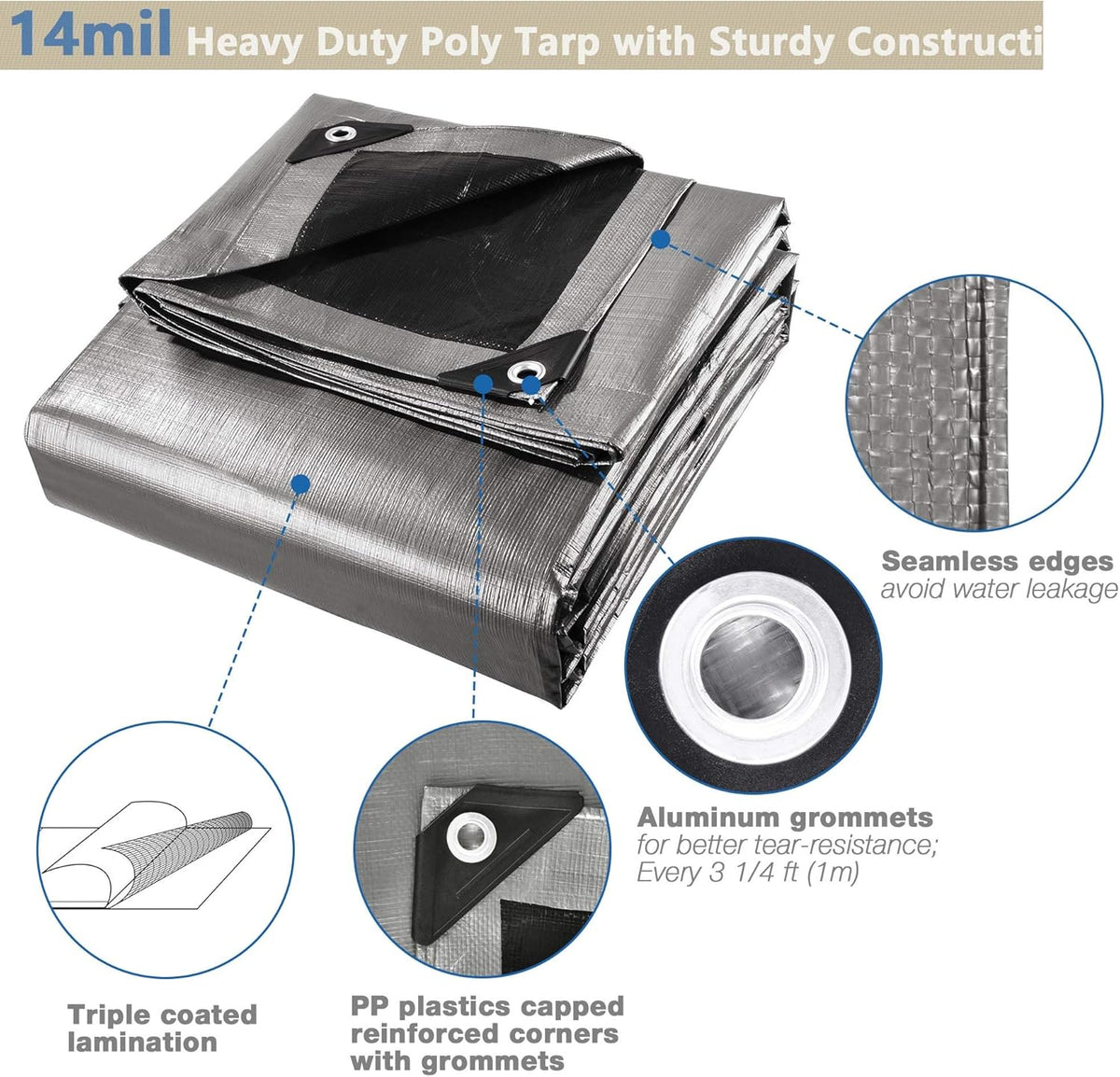 Yescom Tarp Heavy Duty Waterproof 14 Mil 18' x 24' Reinforced Poly Large Tarpaulin Ground Sheet Cover with Grommets for Outdoor Silver & Black