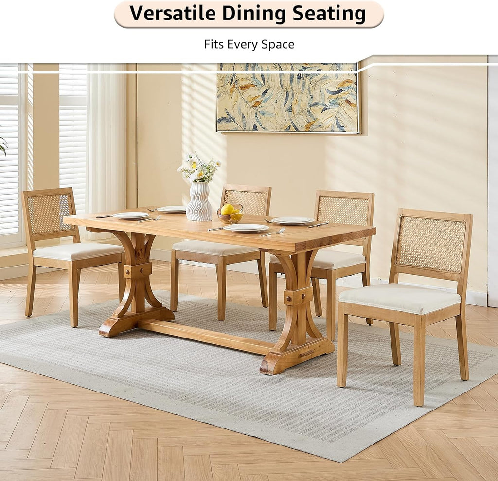 ODUSE-DAILY French Country Rattan Dining Chairs Set of 4, Beige Farmhouse Kitchen & Dining Room Chairs, Wood Dining Chair with Cane Back & Linen Upholstered Seat, Solid Wood Frame