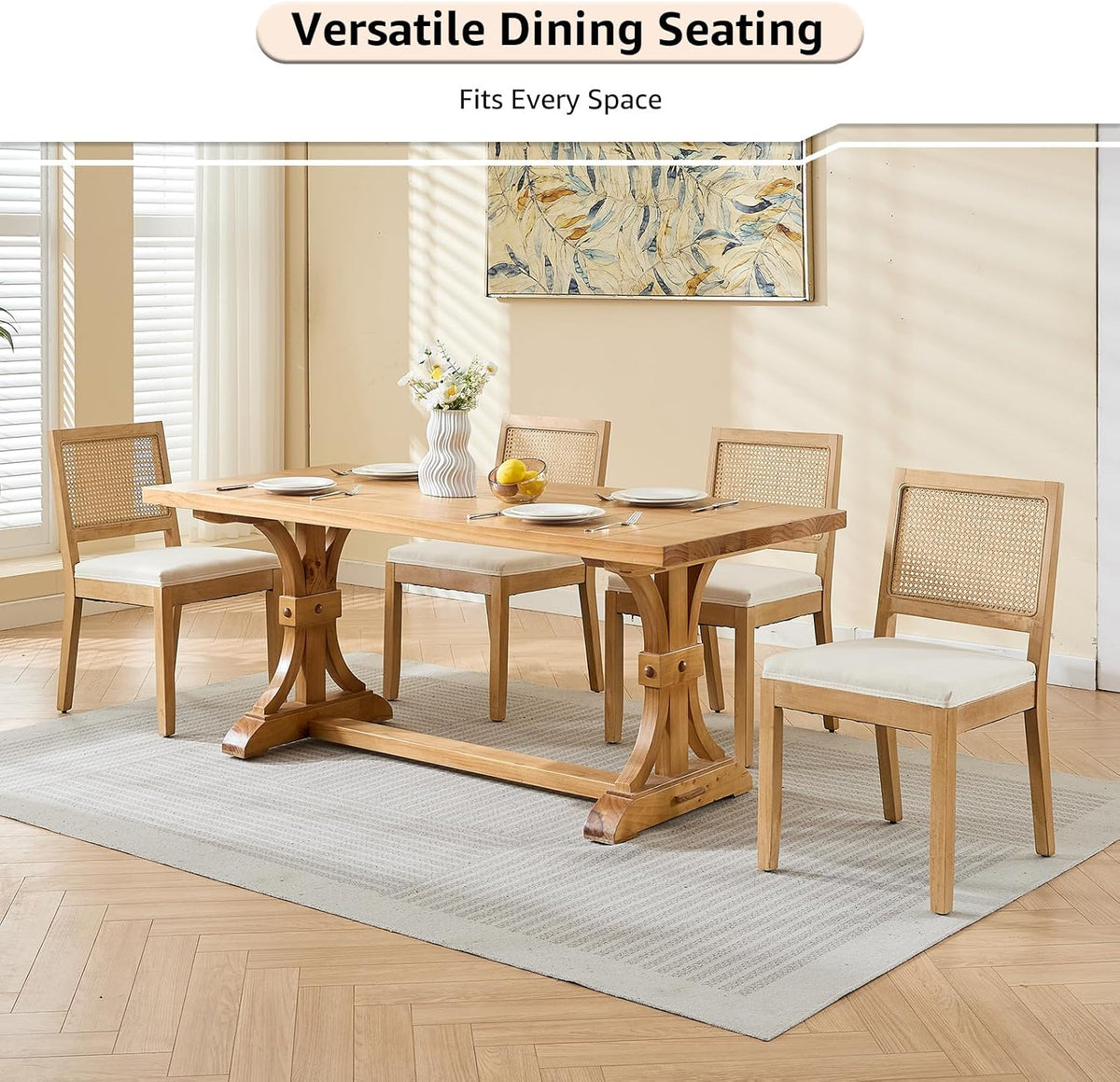 ODUSE-DAILY French Country Rattan Dining Chairs Set of 4, Beige Farmhouse Kitchen & Dining Room Chairs, Wood Dining Chair with Cane Back & Linen Upholstered Seat, Solid Wood Frame
