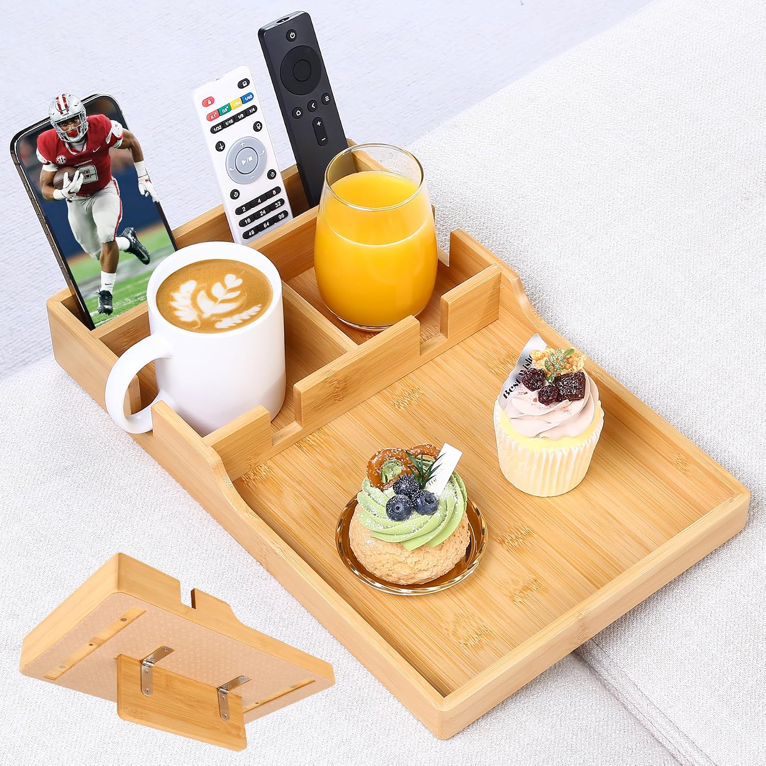 Couch Tray Insert for Middle Seat, Bamboo Couch Table with 2 Cup Holders, Fits Armless Sofa & Sectionals, Fold-Flat Tray for Drinks, Snacks & Remotes, Natural Bamboo