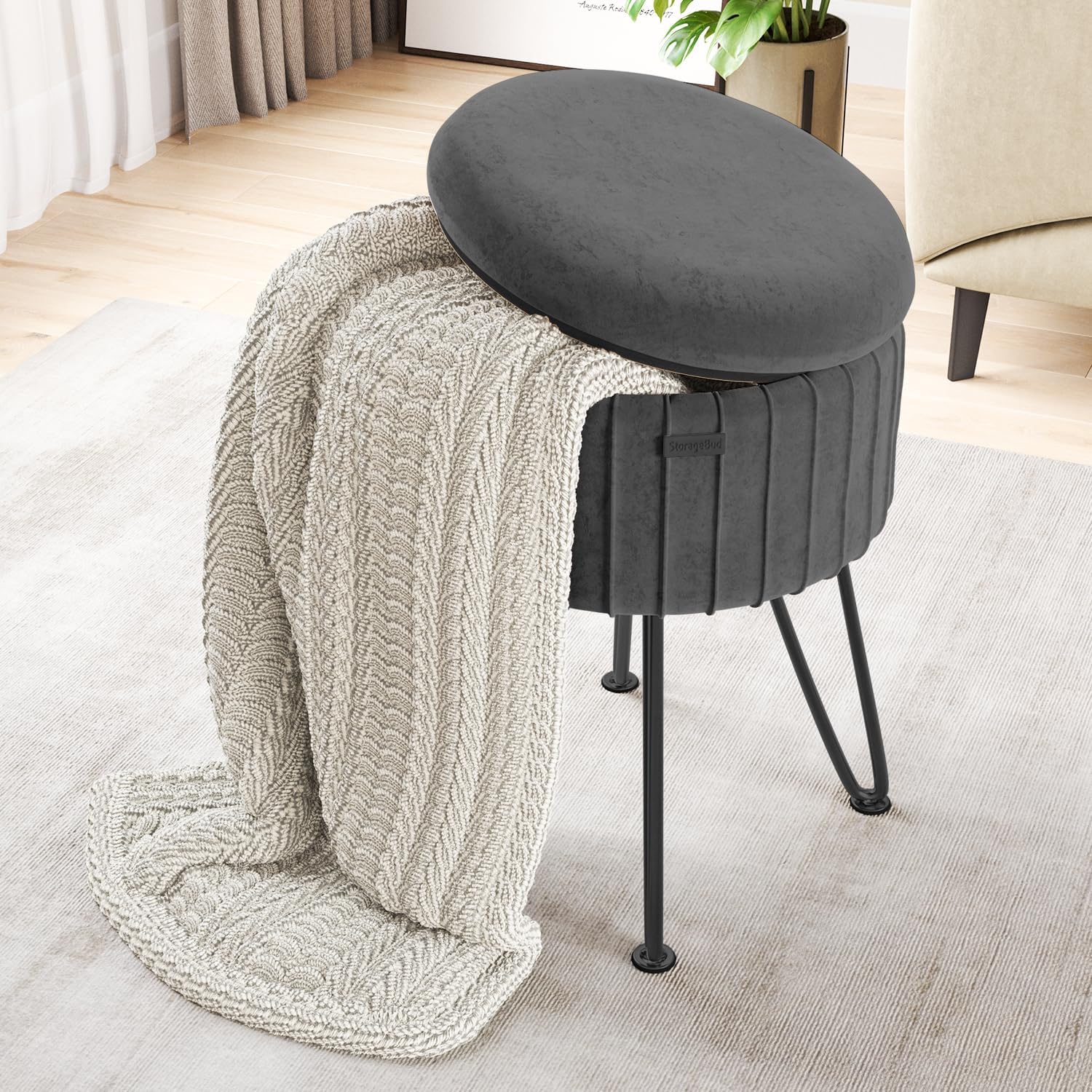 Round Ottoman with Storage, Pleated Velvet Storage Ottoman, Foot Stool Ottomans, Makeup Vanity Stool, Small Ottomans Foot Rest, Modern Vanity Stools for Living Room and Bedroom, Grey