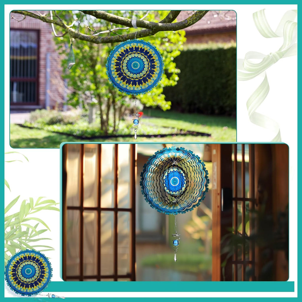 12 Inch Mandala Wind Spinners with Gazing Ball Spiral Tail, Outdoor 3D Stainless Steel Hanging Spinner Mandala Wind Catchers Sculpture for Indoor Outdoor Garden Yard Decoration(Blossom)