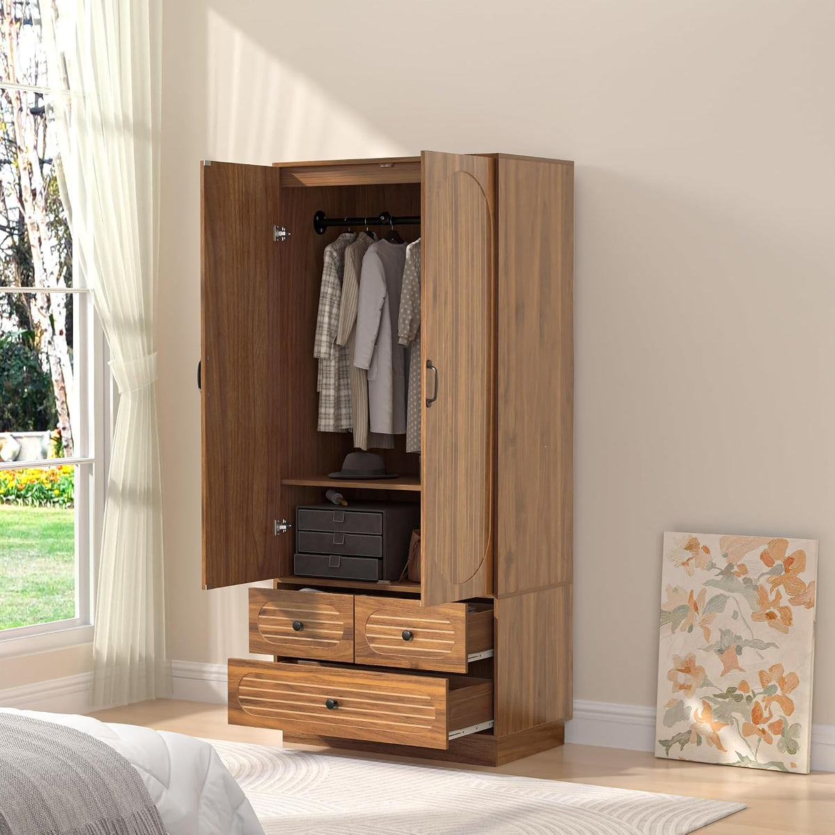 Jluomei Armoire Wardrobe Closet with Doors, Wardrobe Cabinet with 3 Drawers, Wooden Large Clothing Storage Cabinet with Hanging Rod and Shelf, Mid-Century Modern Tall Closet for Bedroom, Walnut