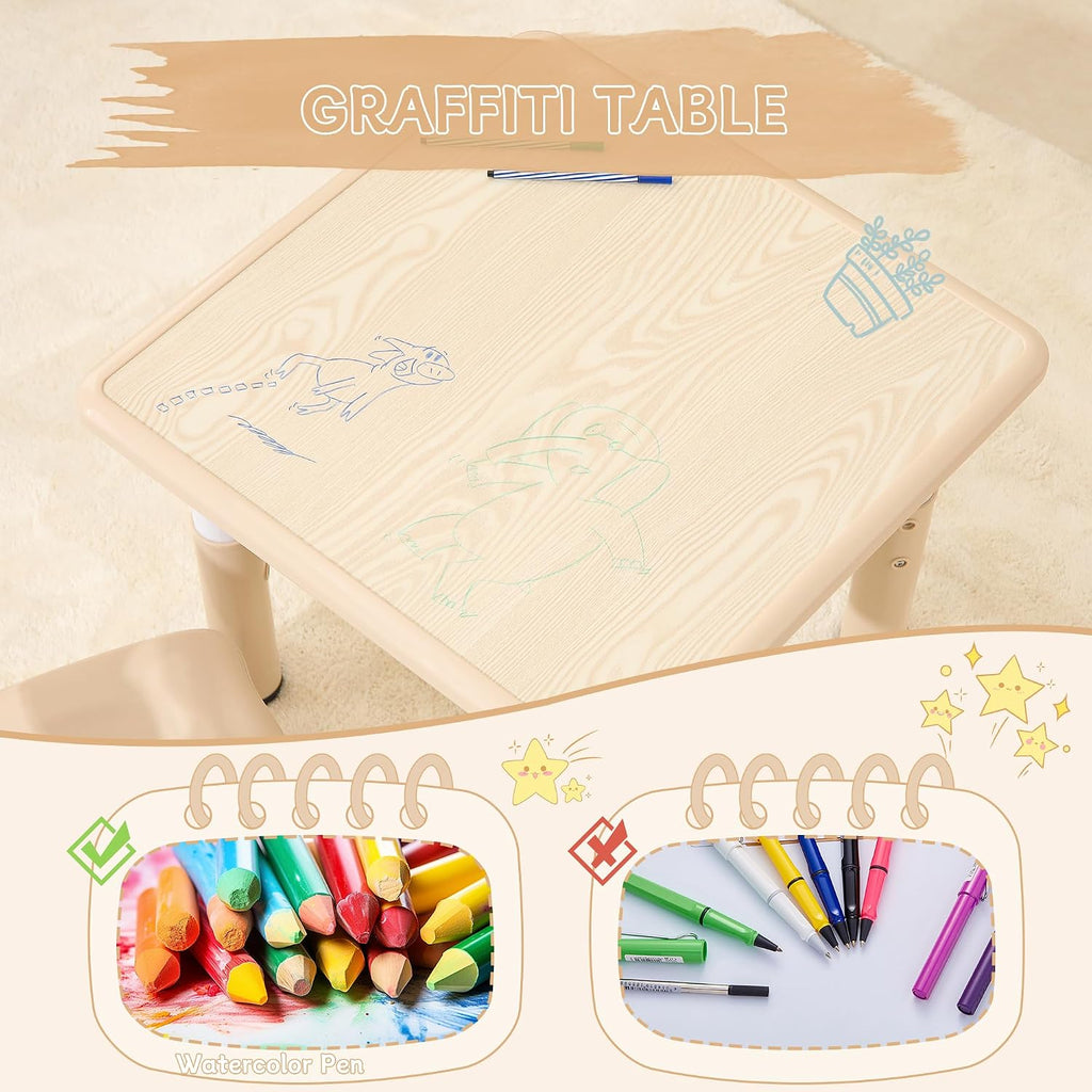 Kids Table and Chairs Set, 23.6''L x 23.6''W Toddler Table and Chairs, Height Adjustable Kids Study Table for Ages 2-10, Graffiti Desktop Children Activity Table with Anti-Slip Foot Covers