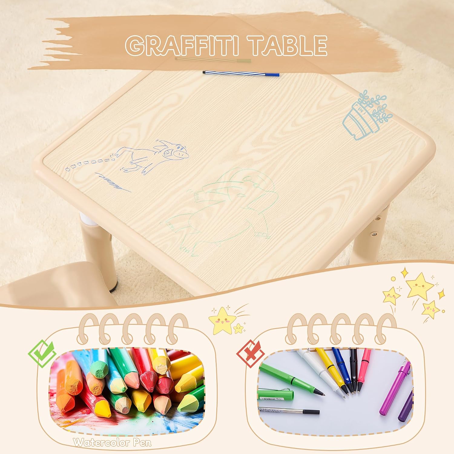 Kids Table and Chairs Set, 23.6''L x 23.6''W Toddler Table and Chairs, Height Adjustable Kids Study Table for Ages 2-10, Graffiti Desktop Children Activity Table with Anti-Slip Foot Covers