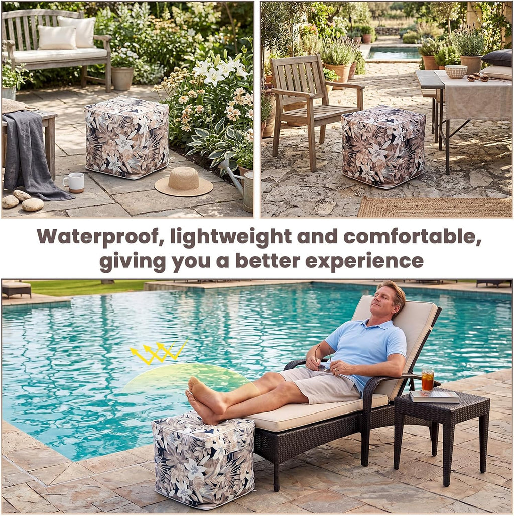 Juexica 2 Pack Inflatable Outdoor Ottoman Pouf Waterproof Cube 16" Square Blow up Ottoman Footrest with Handle Outdoor Portable Footstool for Patio Garden Camping or Home Pool(Flower,Gold)