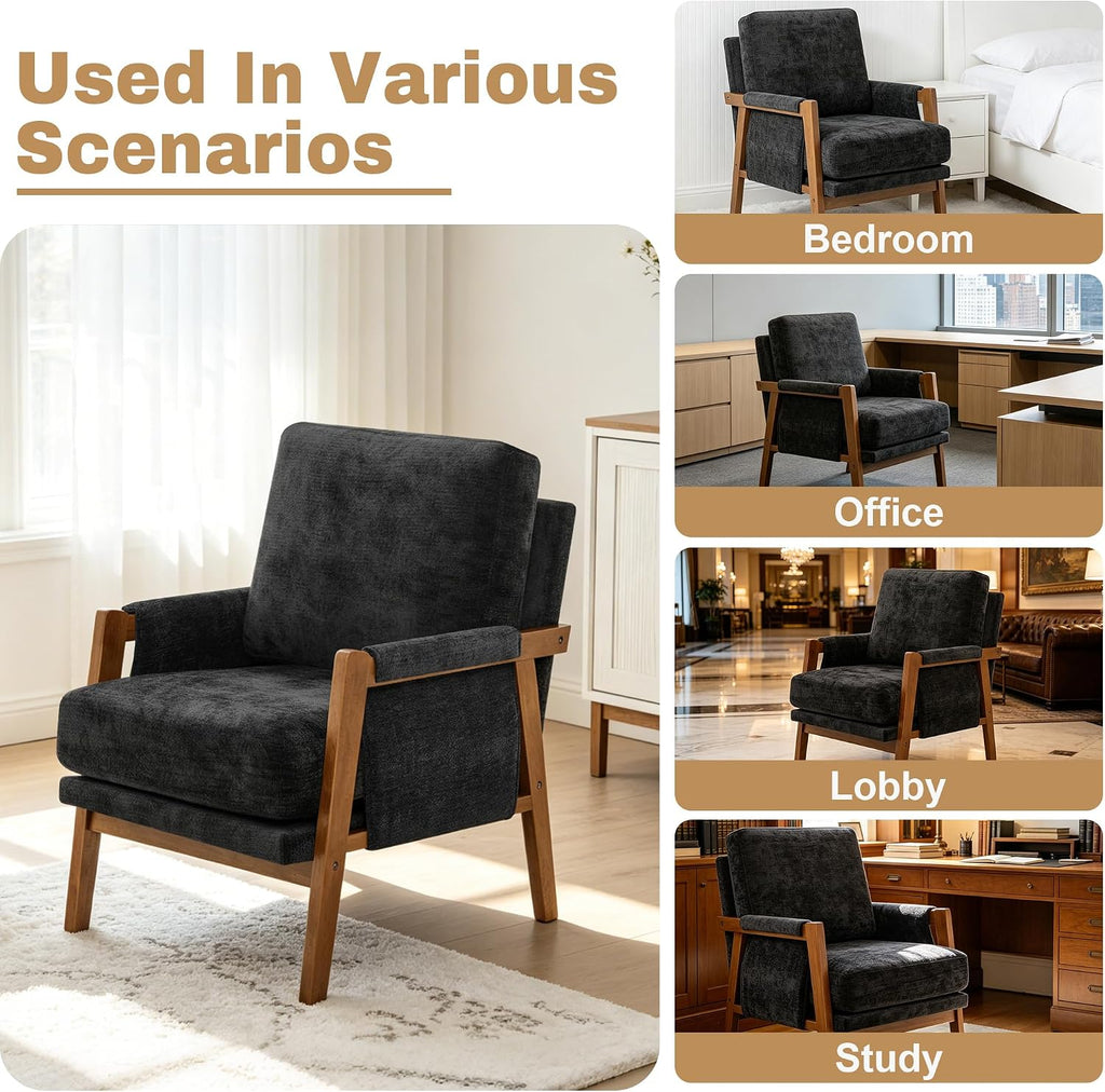RNKSFX Black Accent Chair for Bedroom & Living Room, Mid Century Modern Accent Arm Chair, Upholstered Anthropologie Accent Chair with Solid Wood Frame, Fabric
