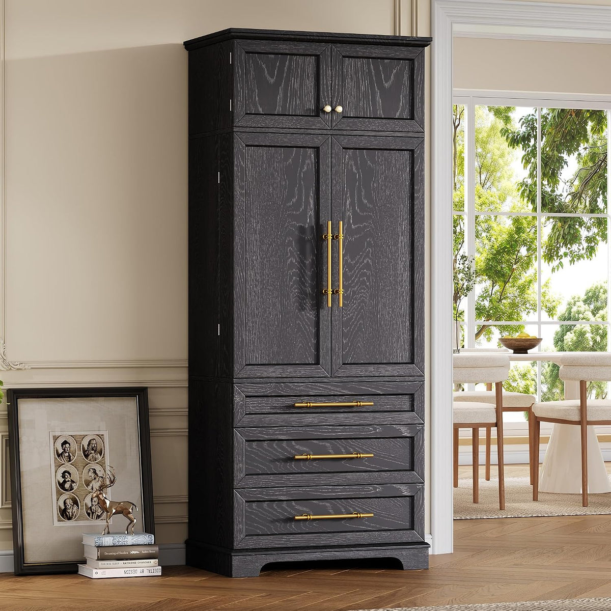 78.2" Tall Farmhouse Kitchen Pantry Cabinet with 8 Door Shelves, Storage Cupboard with 3 Adjustable Shelves, 3 Large Drawers,for Dining & Bathroom (Ash Black-J)