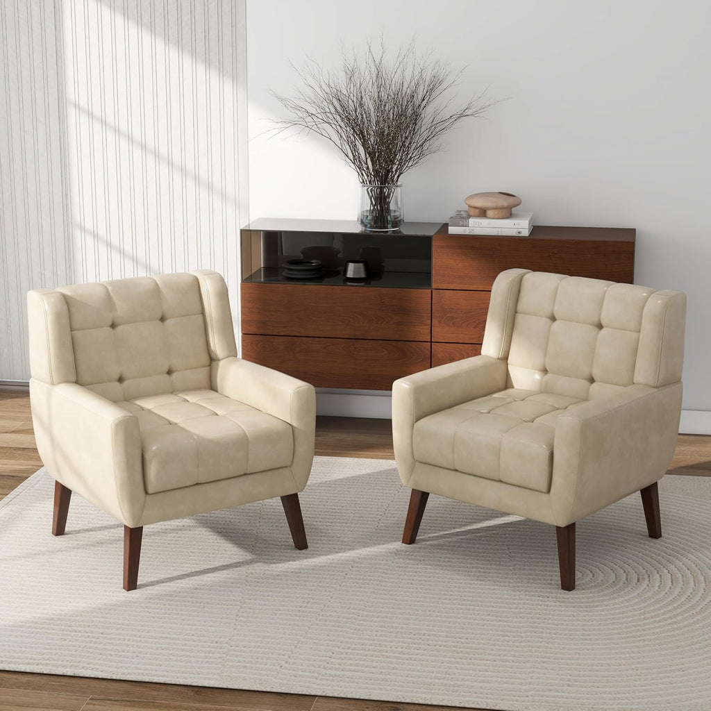 Accent Chair, Comfy Mid Century Modern Small Armchairs with Solid Wood Frame and Soft Cushion for Living Room, Bedroom (Faux Leather, Cream, Set of 2)