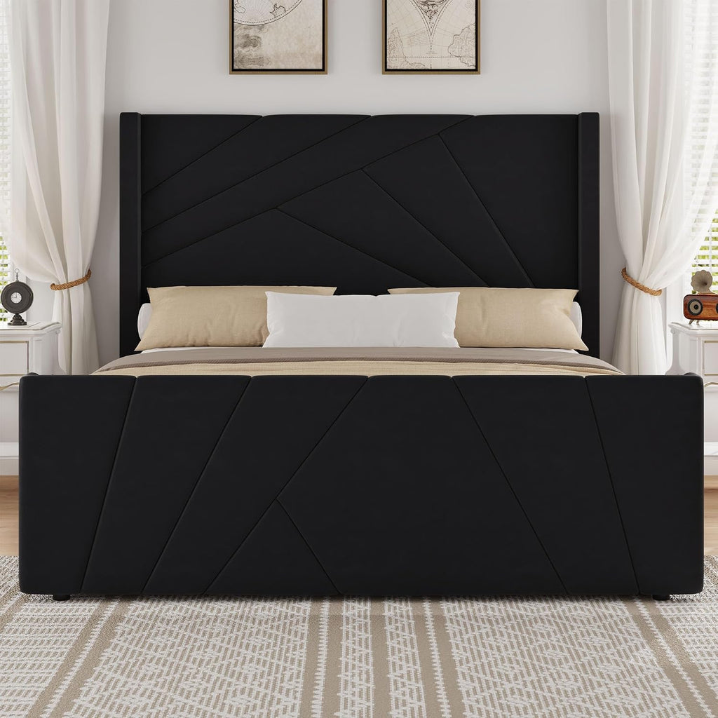 BarnFurin Queen Bed Frame with Geometric Wingback Headboard, Black