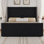 BarnFurin Queen Bed Frame with Geometric Wingback Headboard, Black