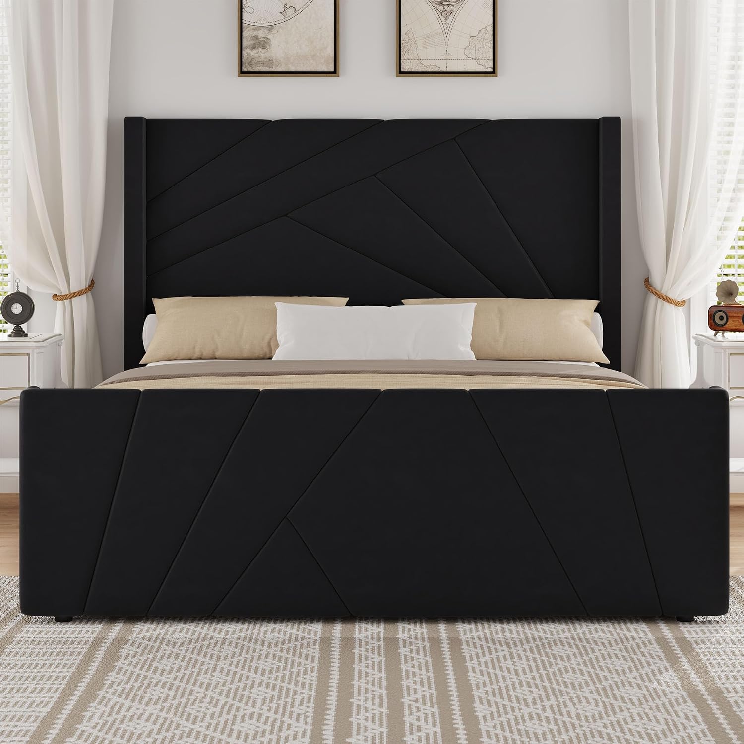 BarnFurin Queen Bed Frame with Geometric Wingback Headboard, Black